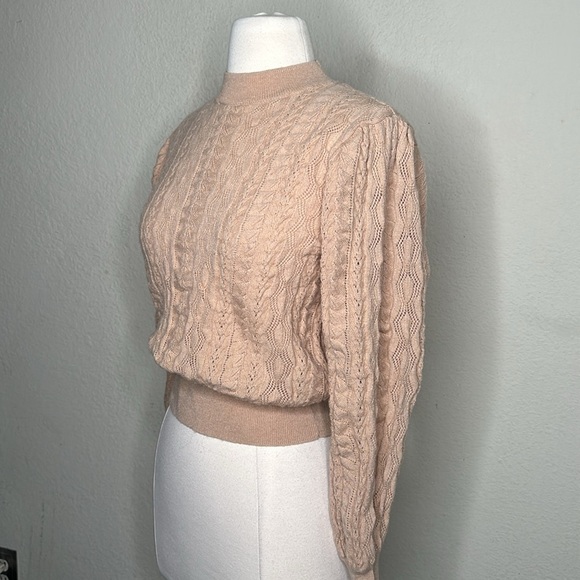 Demylee x J. Crew Limited Edition Pointelle Puff Sleeve Wool Sweater Camel MED - Picture 13 of 14